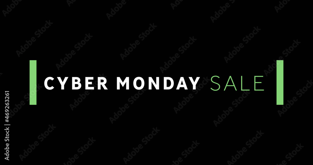 White and green Cyber Monday Sale text appearing against a black screen White and green Cyber Monday Sale text appearing against a black screen