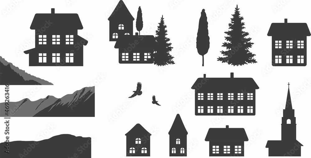 Silhouettes of houses, birds, spruce, church, mountains