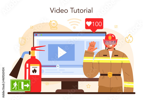 Firefighter online service or platform. Fire brigade fighting with flame