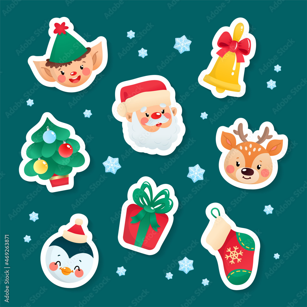 Fototapeta premium Set of cute cartoon Christmas stickers. Collection of funny characters and objects on a dark background: a Santa Claus, an elf, a deer, a penguin, a gift box, a sock, a bell and a fir tree. 