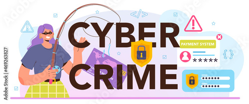 Cyber crime typographic header. Hacker stealing personal data.