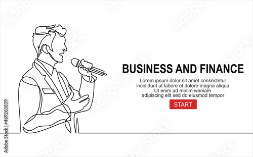 Business conference, business meeting. Man at rostrum in front of audience. Public speaker giving a talk at conference hall- continuous line drawing
