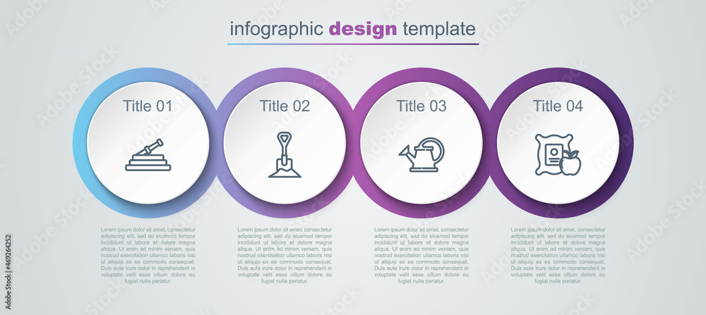 Set line Garden hose or fire hose, Shovel in the ground, Watering can and Apple sack. Business infographic template. Vector