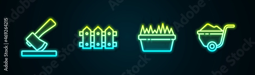 Set line Wooden axe, Garden fence wooden, Fresh grass in rectangular and Wheelbarrow with dirt. Glowing neon icon. Vector