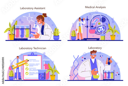 Laboratory assistant set. Pharmaceutical research, scientist making clinical