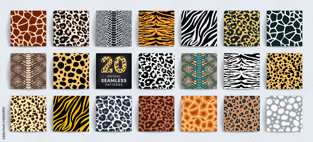 Fototapeta premium Wild safari animal seamless pattern collection. Vector leopard, cheetah, tiger, giraffe, zebra, snake skin texture set for fashion print design, fabric, textile, wrapping paper, background, wallpaper