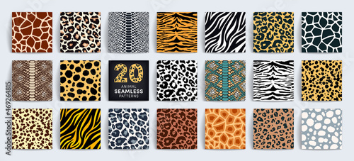 Wild safari animal seamless pattern collection. Vector leopard, cheetah, tiger, giraffe, zebra, snake skin texture set for fashion print design, fabric, textile, wrapping paper, background, wallpaper photo