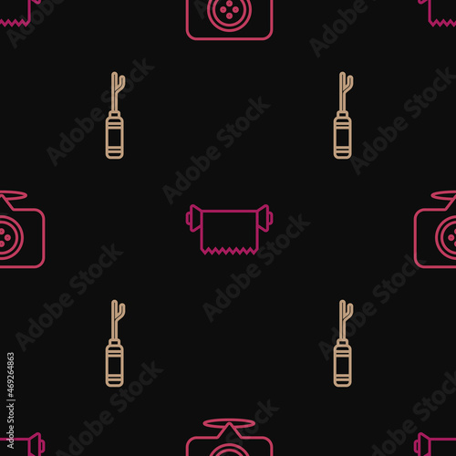Set line Location tailor shop, Awl tool and Textile fabric roll on seamless pattern. Vector