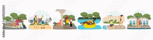 Hotel porter carrying tourist luggage, guests relaxing by swimming pool, going sightseeing. Hospitality industry, vector