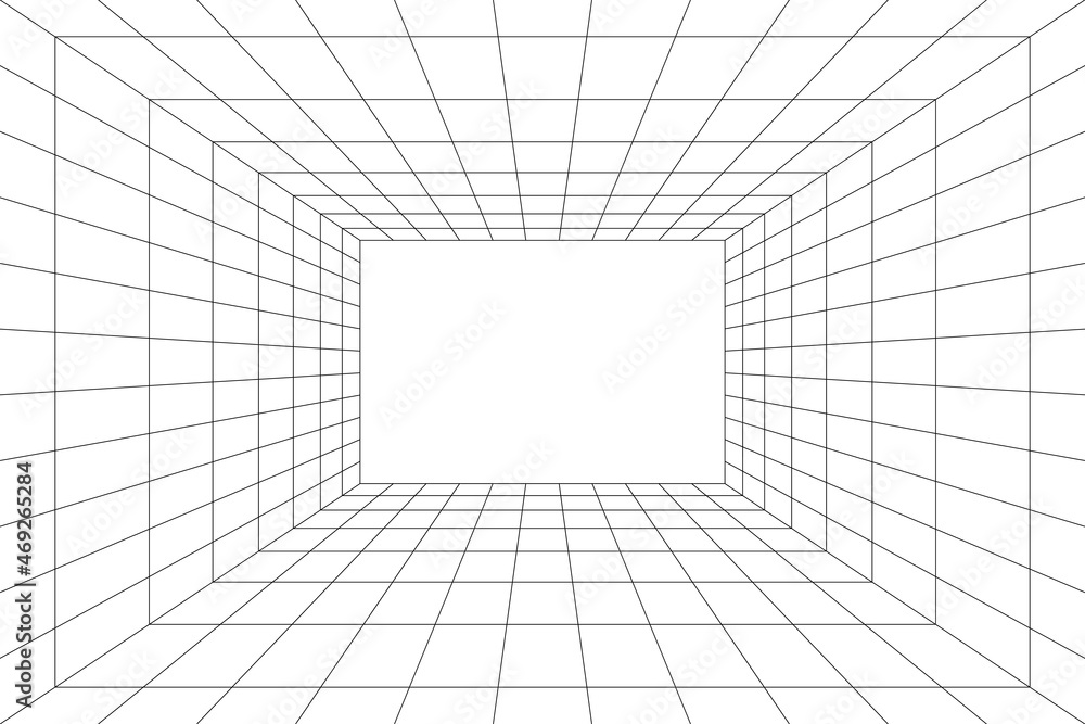Grid room in perspective, vector illustration in 3d style. Indoor wireframe from black lines, template interior square, digital empty box. Minimal background design Grid room in perspective, vector illustration in 3d style. Indoor wireframe from black lines, template interior square, digital empty box. Minimal background design