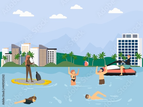 People riding water scooter, playing ball, SUP surfing, snorkeling. Travel, vacation. Summer beach activities, vector.