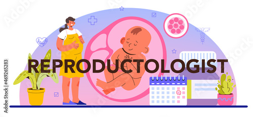 Reproductologist typographic header. Gynecologist doctor examining woman