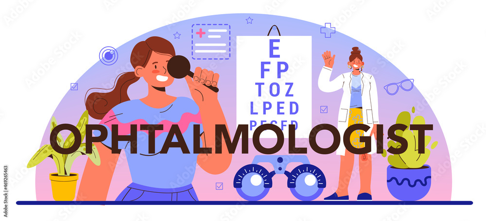 Ophthalmologist typographic header. Idea of eyesight check and treatment.