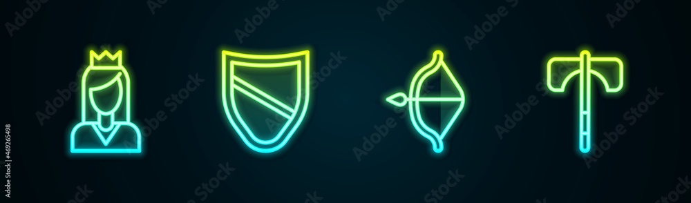 Set line Princess, Shield, Medieval bow and arrow and axe. Glowing neon icon. Vector Set line Princess, Shield, Medieval bow and arrow and axe. Glowing neon icon. Vector