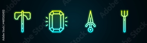 Set line Medieval axe, Diamond, Dagger and Garden pitchfork. Glowing neon icon. Vector