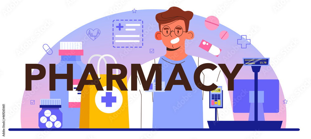 Pharmacy typographic header. Pharmacist selling drugs in bottle and box