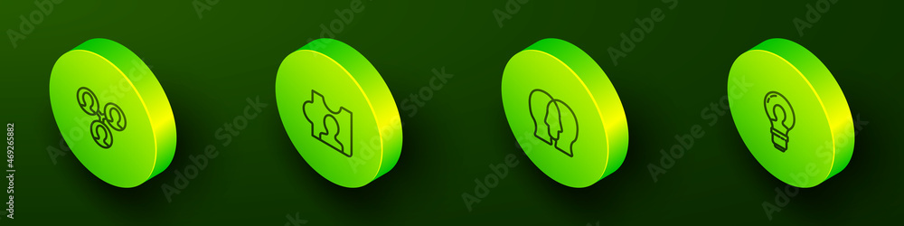 Set Isometric line Project team base, Head hunting, and with lamp bulb icon. Vector Set Isometric line Project team base, Head hunting, and with lamp bulb icon. Vector