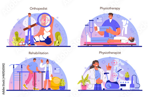 Physiotherapy concept set. Doctor helping patients during physio
