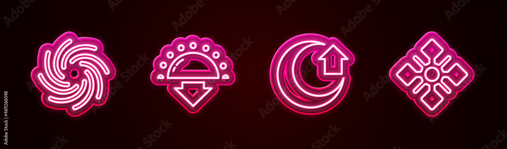 Set line Tornado, Sunset, Moon and Snowflake. Glowing neon icon. Vector Set line Tornado, Sunset, Moon and Snowflake. Glowing neon icon. Vector