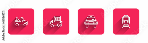 Set line Tow truck, Tractor, Police car and flasher and Train railway with long shadow. Red square button. Vector