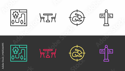 Set line Amusement park map, Picnic table with chairs, Hunt on rabbit crosshairs and Road traffic signpost on black and white. Vector