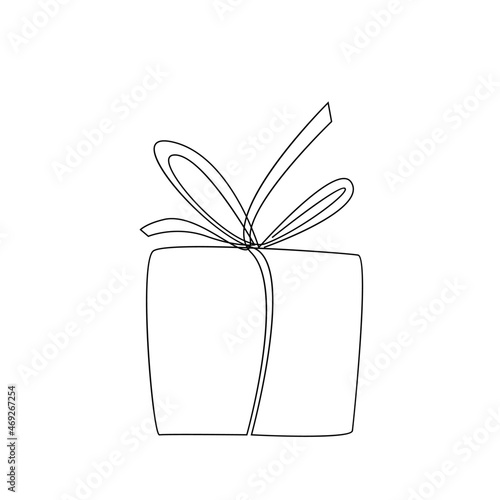 Present box in continuous one line drawing style, vector illustration. Wrapped surprise package with ribbon and bow