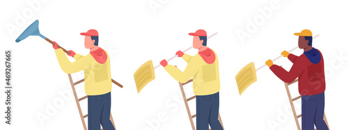 Cleaner on ladder semi flat color vector characters set. Dynamic figures. Full body people on white. Winter season isolated modern cartoon style illustration for graphic design and animation pack