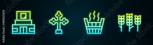 Set line Mausoleum of Lenin, Christian cross, Sauna bucket and Wheat. Glowing neon icon. Vector