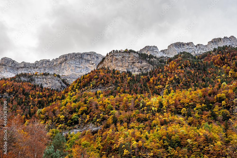 Autumn view of beautiful nature in Ordesa and Monte Perdido NP, Pyrenees, Aragon in Spain.