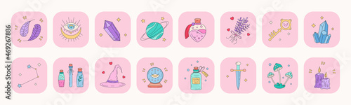 Cute mystic icon set. Hand drawn cartoon colorful magic element collection. Kawaii icons of feathers, stars, crystals, sword, candles, elixir, herbs, eye sign, esoteric and tarot vector stuff.