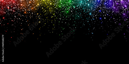 Wide glitter shiny holiday confetti with rainbow gradient on black background. Vector