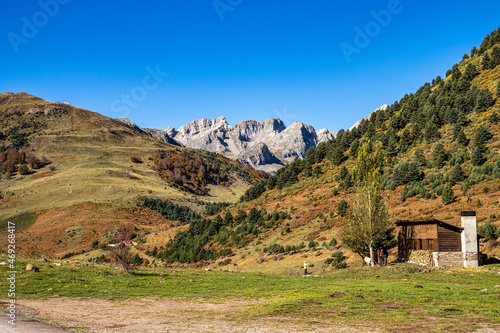 Beautiful view of the Valley of Hecho in the Spanish Pyrenees in autumn  Spain