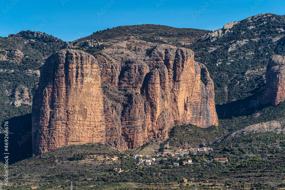 Panorama of Mallos De Riglos rocks in Huesca province, Aragon, Spain