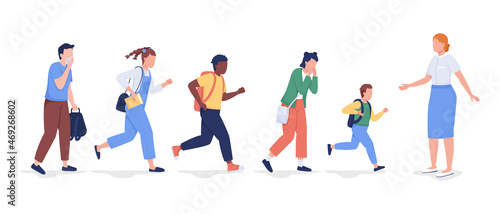 Evacuating students from school semi flat color vector characters set. Full body people on white. Emergency class leaving isolated modern cartoon style illustrations for graphic design and animation