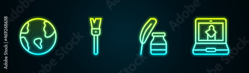 Set line Earth globe, Paint brush, Feather and inkwell and Online museum. Glowing neon icon. Vector
