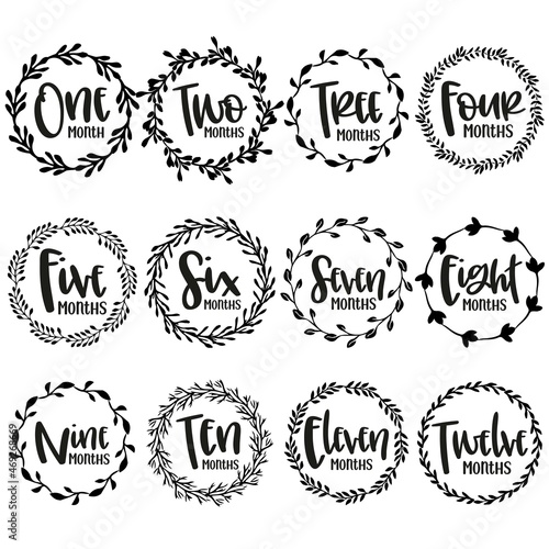 Set of baby milestone cards. hand drawn vector lettering. newborn textile and stickers design. . Vector illustration