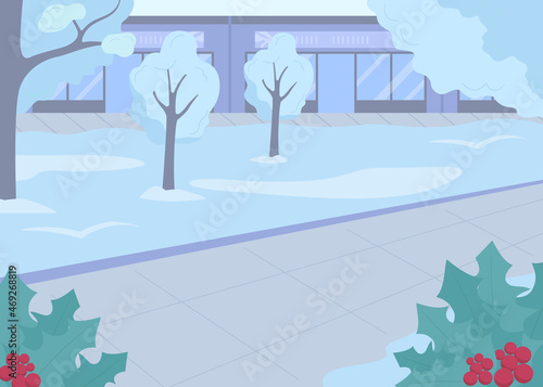 Winter city streets flat color vector illustration. Cold season in town district. Festive evening at Christmas time boulevard. Wintertime 2D cartoon landscape with trees under snow on background