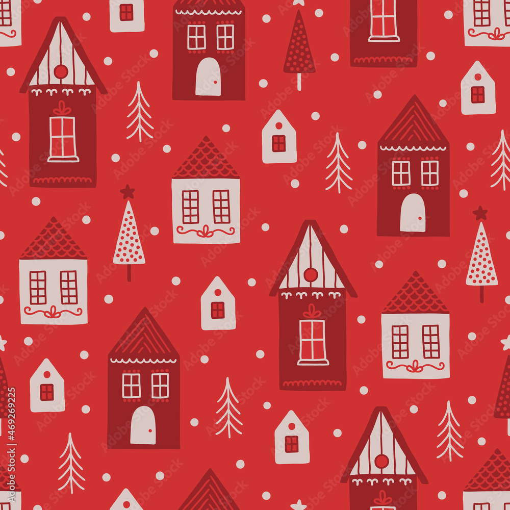 Christmas seamless pattern with houses, snow, spruce trees. Scandinavian style
