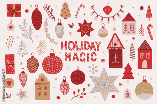 Christmas set - house, fir tree, garland, ball, bauble, cookie, star