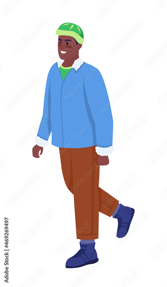 Man in coat happy for walk semi flat color vector character. Walking figure. Full body person on white. Winter season isolated modern cartoon style illustration for graphic design and animation