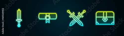 Set line Medieval sword, Decree, parchment, scroll, Crossed medieval and Antique treasure chest. Glowing neon icon. Vector