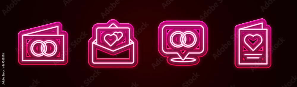 Obraz premium Set line Greeting card, , Wedding rings and . Glowing neon icon. Vector
