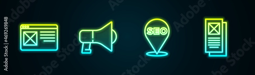 Set line Browser window, Megaphone, SEO optimization and . Glowing neon icon. Vector
