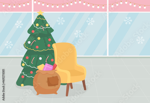Santa chair in mall flat color vector illustration. Seasonal New Year celebration in shopping center. Traditional entertainment. Festive 2D cartoon interior with store window displays on background
