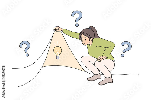 Young woman look behind cover look for business idea solution. Confused girl feel frustrated doubtful search for innovative information. Innovation, problem solving concept. Vector illustration. 