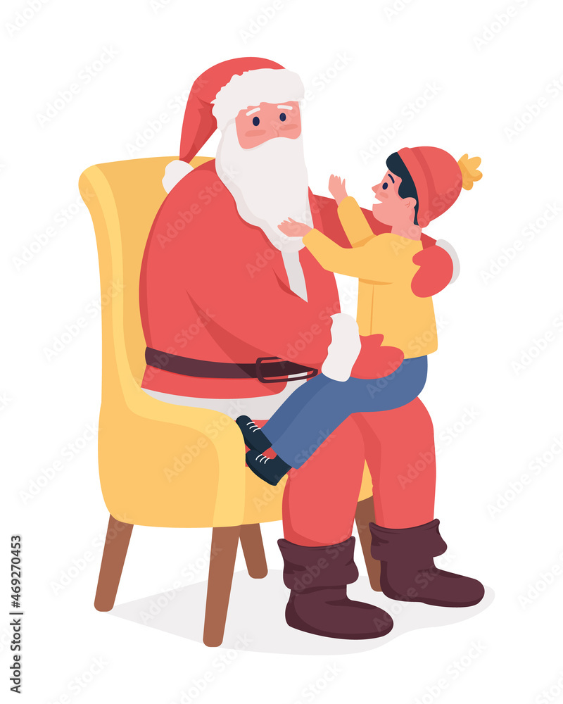 Kid talking to Santa semi flat color vector characters. Posing figures. Full body people on white. Holiday celebration isolated modern cartoon style illustration for graphic design and animation