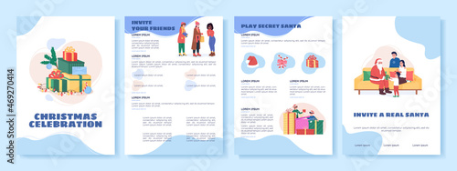 Christmas celebration flat vector brochure template. Flyer, booklet, printable leaflet design with flat illustrations. Magazine page, cartoon reports, infographic posters with text space