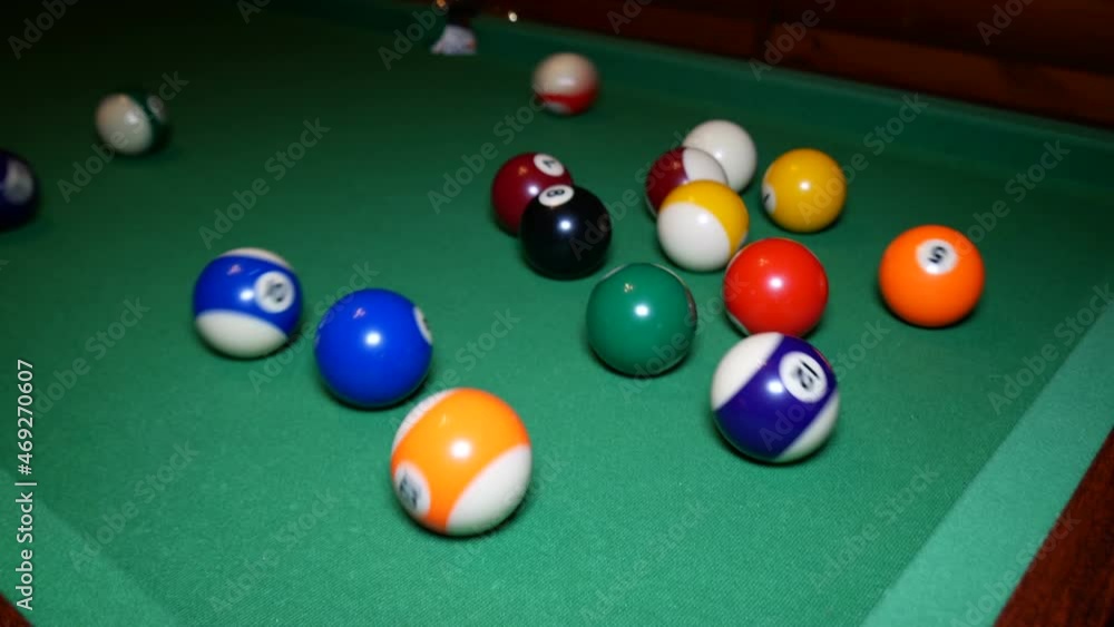 Break the pyramid in billiards.
American pool with all balls on the table in form of pyramid. Balls roll out in different directions. Break the pyramid in billiards.
American pool with all balls on the table in form of pyramid. Balls roll out in different directions.
