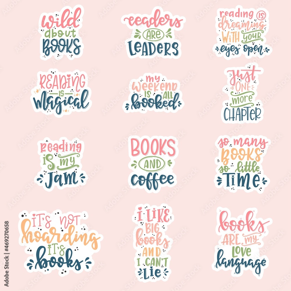 Books and reading lettering set Hand drawn typography poster. Conceptual handwritten phrase T shirt hand lettered calligraphic design. Inspirational vector. Vector illustration Books and reading lettering set Hand drawn typography poster. Conceptual handwritten phrase T shirt hand lettered calligraphic design. Inspirational vector. Vector illustration