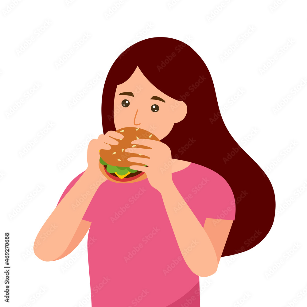 Hungry woman eating hamburger in flat design on white background. Hungry woman eating hamburger in flat design on white background.